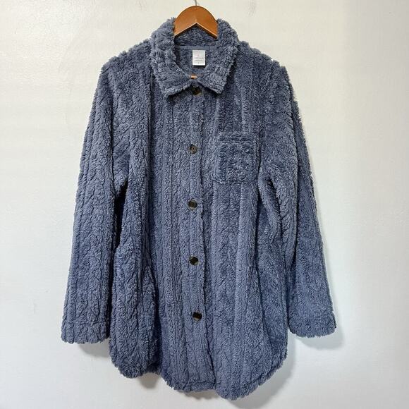 Cuddl Duds Button Front Sculpted Sherpa Shirt Jacket Size L Blue Cozy Women's - Picture 1 of 6